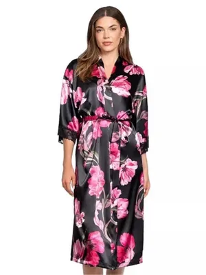 NWT Women's Lilac + London Floral Print Pink and Black Midi Wrap Robe L thumbnail 12