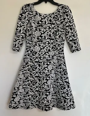 Ark & Co Black White Floral Damask Jacquard A-Line Mini Dress Size‎ M 3/4 Sleeve thumbnail 1