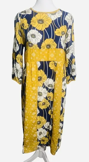 Butter Yellow Blue Floral Midi Sun‎ Dress Med Y2K Coastal Cowgirl Boho Cottage thumbnail 1