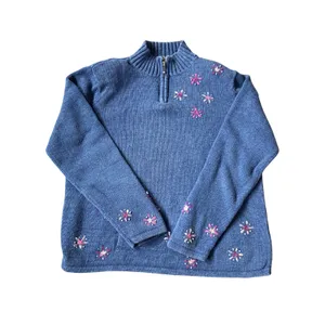 Vintage 90s Blue Embroidered Floral Knit Pull Over Sweater 🔥 thumbnail 1