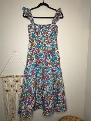 Anthropologie Roller Rabbit Dress Blomst Doe Silk Cotton Floral Shirred Sundress thumbnail 11