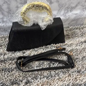 Black Croc-Embossed Handbag with Gold Handle & Crossbody Strap thumbnail 2