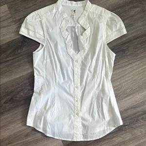 Anthro Cream Ruffled Mandarin Collar Blouse Modern button down Casual Top thumbnail 1