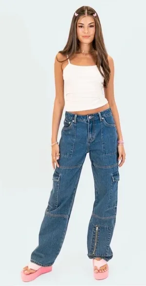 Edikted Jaimie Cargo Jeans Baggy Fit Pockets Low Waist Blue Denim Y2K NEW Size L thumbnail 1