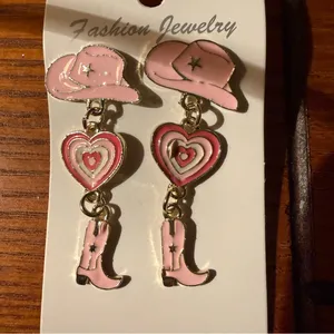 Fashion Jewelry Gold-tone Pink Enamel Cowgirl Dangle Earrings thumbnail 8