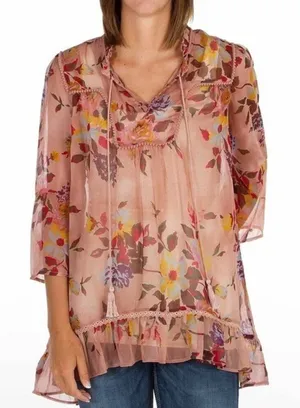 Buckle Boutique Boho Floral Sheer Tunic Top Size S |‎ Pink Lace Tassels Ruffle Hem thumbnail 1