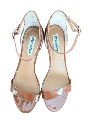 Steve Madden Womens Tan Patent Leather Block Heel Ankle Strap Sandals Size 9 thumbnail 1