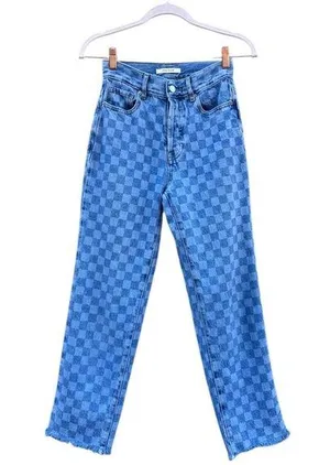 High Rise Straight Leg Raw Hem Checkered Blue Jeans 24 thumbnail 1