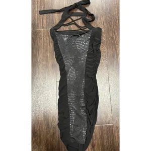 NWT Symphony Black Ruched Halter Bodycon Dress Snake Textured‎ Panel Size M thumbnail 4