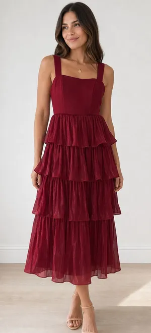 Red Tiered Ruffle Dress With Straps Size 8 thumbnail 1