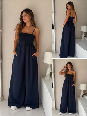 Smocked Bodice Wide-Leg Jumpsuit in Navy thumbnail 2