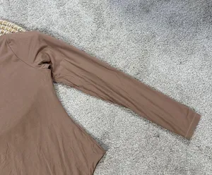 Pumiey Brown Crew Neck Long Sleeve Bodysuit Second-skin Feel Tops in Latte S thumbnail 7