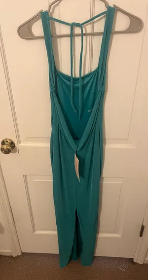 Oh Polly Teal textured low back maxi dress thumbnail 2