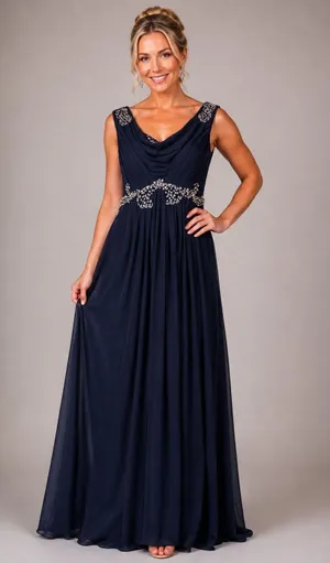 DressSale Navy Blue Chiffon Beaded Formal Evening Gown Estimated 14/16 thumbnail 1
