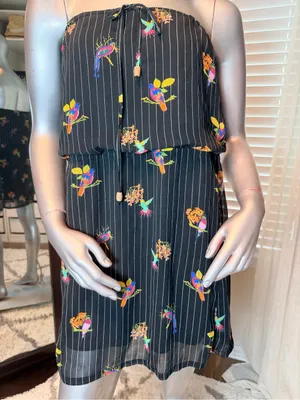 O'Neill Medium Strapless Tropical Bird Print Dress Black Pinstripe Boho Summer thumbnail 2