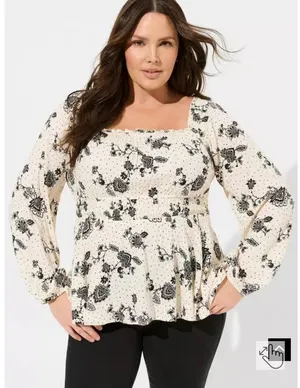 Torrid Peasant‎ Blouse Size 2 Smocked Waist Long Sleeve Floral Black White thumbnail 1