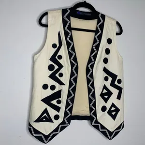 Vintage Geometric Vest Cream Black Sz 10 Lined ? Linen thumbnail 5