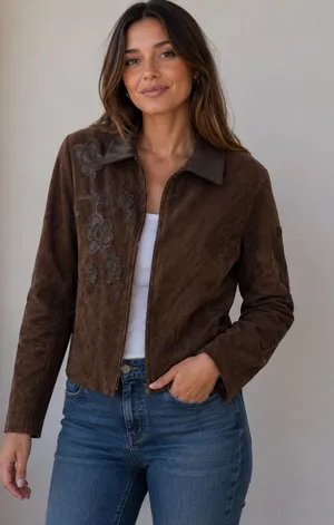 Margaret Godfrey Brown Genuine Leather Suede Floral Applique Zip Jacket Size 8 thumbnail 1