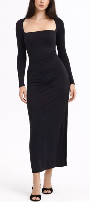 Abercrombie & Fitch Black Modal-Blend Long Sleeve Ruched Square Neck Dress thumbnail 1