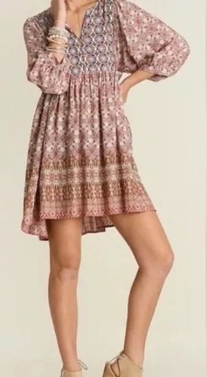 Umgee Babydoll Tunic Dress Brown Medium NWOT IN PACKAGE thumbnail 1