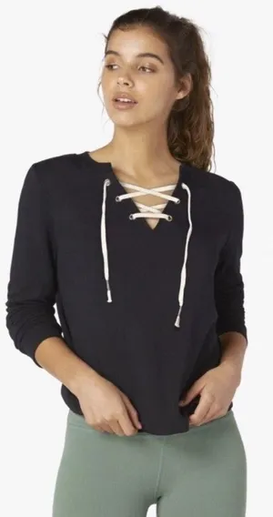 Beyond Yoga Black Lace Up Long‎ Sleeve Sweatshirt Top L Activewear thumbnail 1