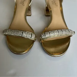 Gold with Rhinestones Ramsay Jewel Badgley Mischka Open Toe Block Heels Size 10 thumbnail 3