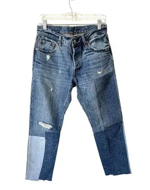 Levi's High Rise Color Block Raw Hem Straight Ankle Denim Jeans Blue Size 27 thumbnail 1