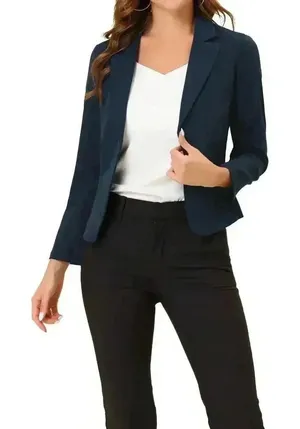 Allegra K‎ Navy Blue Cropped Open Front Blazer, 1x thumbnail 1