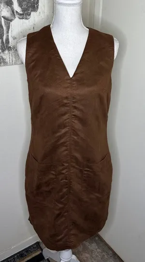 Vintage Mossimo Faux Suede Mini Shift Dress Brown V-Neck Pockets S/P Boho Earthy thumbnail 1