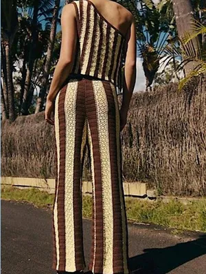 Free People Free-est Joan Fauxchet Crochet Top/Pants Set M Brown Stripe thumbnail 3