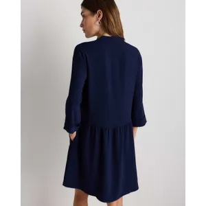 Quince Stretch Crepe Shirt Dress Textured Navy Blue Drop Waist Pocketed Small thumbnail 3