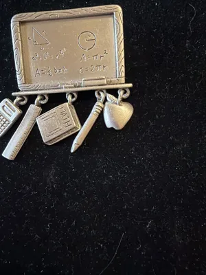 Vintage JJ Jonette Math Teacher Blackboard Pewter Tone Brooch Pin Dangle Charms thumbnail 4