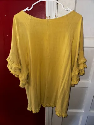 UMGEE Mustard Yellow Linen Cotton Fringe Ruffle Sleeve Boho Blouse Top XL thumbnail 8