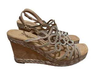 Impo Orleans Raffia Platform Wedge Sandals Taupe Rhinestone Women’s Size 9 thumbnail 1