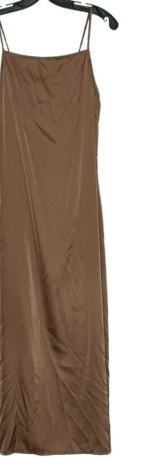 Y2K Brown Maxi Slip Dress 90s Prom Minimalist Neutral Indie Sleaze Silky Size XL thumbnail 1