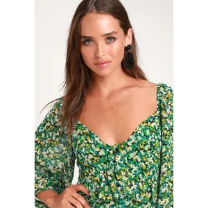 Lulus Forsythia Green Floral‎ Print Long Sleeve Tie-Front Women's Dress Large thumbnail 5