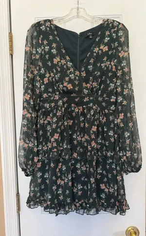 Lulu's Dark Cottagecore Green Floral Print Long Sheer Sleeves Mini Dress Medium thumbnail 1