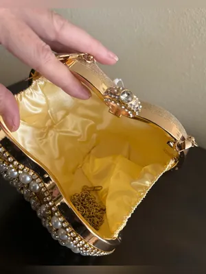 Pearl Heart Evening Clutch Gold Rhinestone Handbag Wedding Prom Formal Purse thumbnail 3