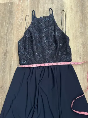Morgan & Co Navy Lace Sequin Halter Maxi Gown Prom Evening Formal Dress Junior 7 thumbnail 9