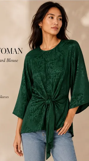 Zara Woman Knotted Jacquard Blouse Bottle Green Tie Front Size M thumbnail 1
