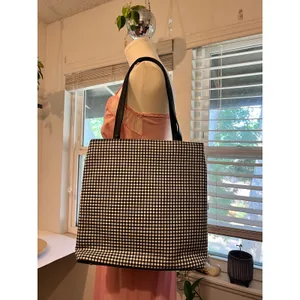 Black & White 100% Cotton Double Strap Gingham Checkered Medium Tote Bag thumbnail 2