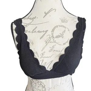 Beach Joy Black Smocked Scalloped Bikini Top Textured Swim Bralette Sz Small thumbnail 2