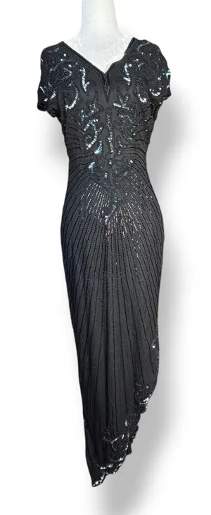Vintage Black Beaded Sequin Evening Gown Maxi Dress Art Deco Formal Glam Elegant thumbnail 1