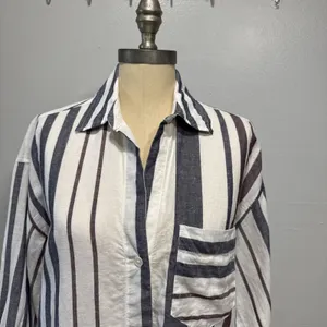 MADEWELL Striped Button-Up Shirt in Linen-Cotton Womens S Shirred 3/4 Sleeves thumbnail 2