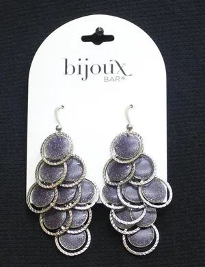 NWT Bijoux Bar Ring Glitter Disc Layered Dangly Earrings Silver Gray / Purple 3" thumbnail 1
