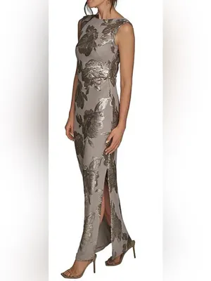 NEW Donna Karan Sequin Floral Sleeveless Dark Clay Gown Sz 10 thumbnail 4