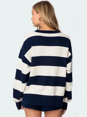 NWT Edikted Riley Oversized Striped Sweater cream/navy size medium thumbnail 2