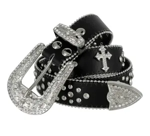 Western Black Leather Belt with Crystal Studded Rhinestones, Engraved Buckke thumbnail 1