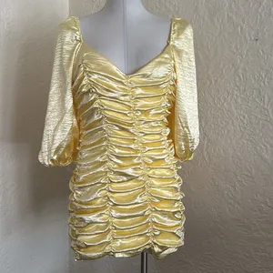 Lucy in the Sky Yellow Satin Ruched Puff Sleeve Mini Dress Belle of the Ball L thumbnail 5