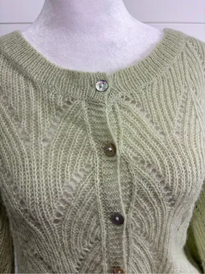 Crescent Wool Mohair Blend Saga Green Open Knit Cardigan Sweater Button Front thumbnail 5